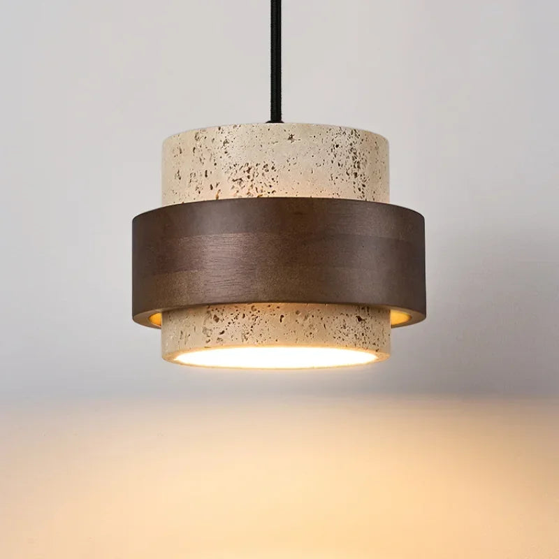 Pendente de Teto em Pedra Travertino e Madeira E27 Bivolt Estilo Japonês para Sala de Jantar e Quarto