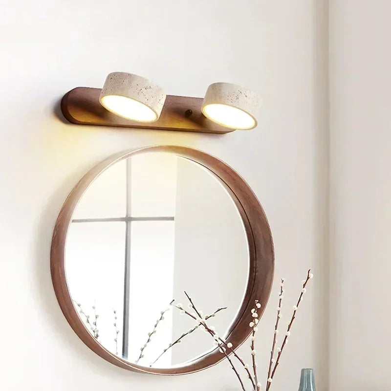 Arandela de Parede em Pedra Travertino e Madeira LED Luz Quente Bivolt Wabi-Sabi Rotativa para Banheiro e Quarto