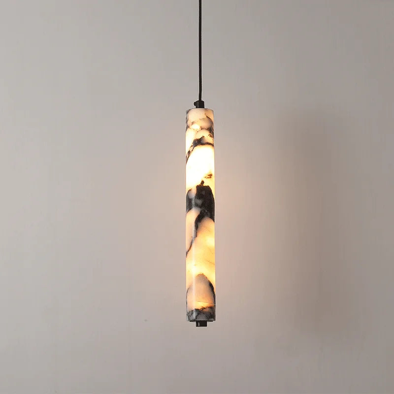 Pendente de Teto Tubular em Pedra Mármore Natural Preto LED 12W Bivolt para Quarto e Sala de Jantar