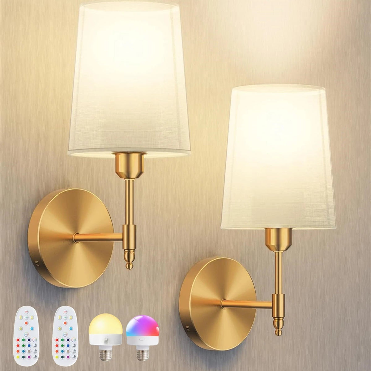 Arandela de Parede Recarregável em Metal com Cúpula de Tecido LED RGB Dimerizável com Controle Remoto para Quarto e Sala