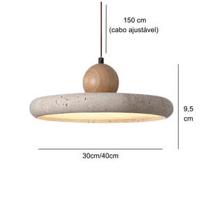 Pendente de Teto em Pedra Travertino Natural e Madeira LED Luz Quente Bivolt para Sala de Jantar e Quarto