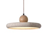 Pendente de Teto em Pedra Travertino Natural e Madeira LED Luz Quente Bivolt para Sala de Jantar e Quarto