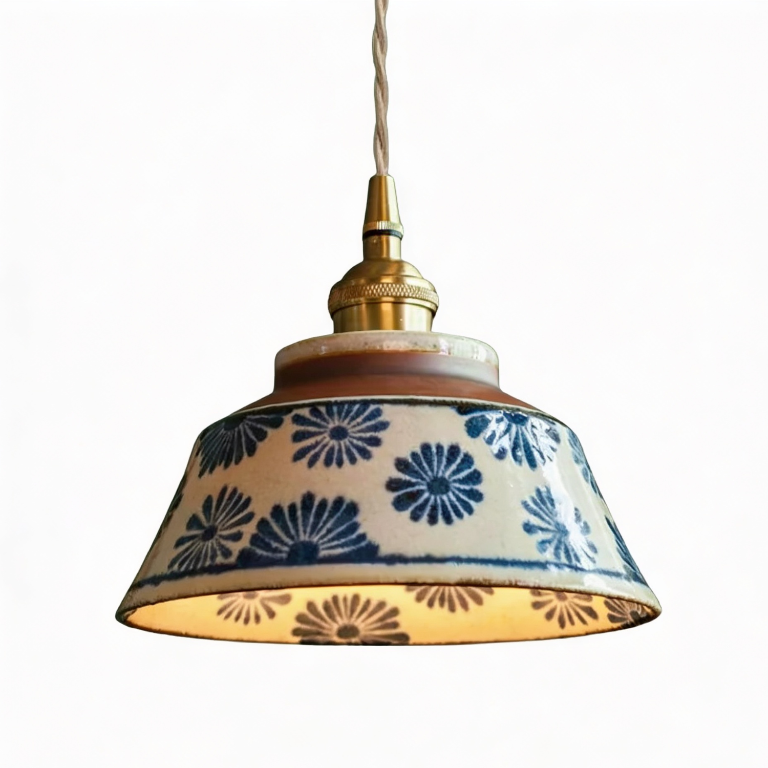 Pendente de Teto em Cerâmica Artesanal Azul e Branco E27 Bivolt Estilo Chinês Retrô para Sala de Jantar e Quarto