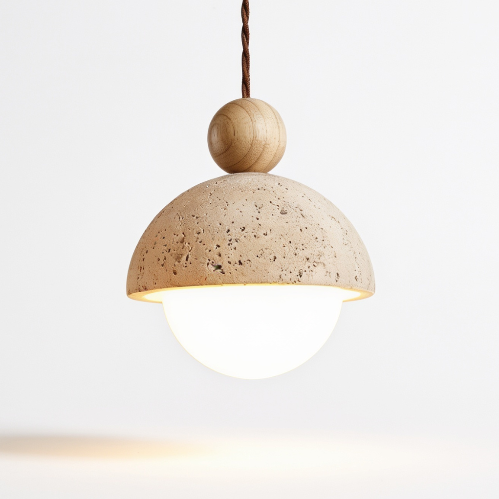 Pendente de Teto em Travertino Natural e Madeira G9 Bivolt Wabi-Sabi para Quarto e Sala