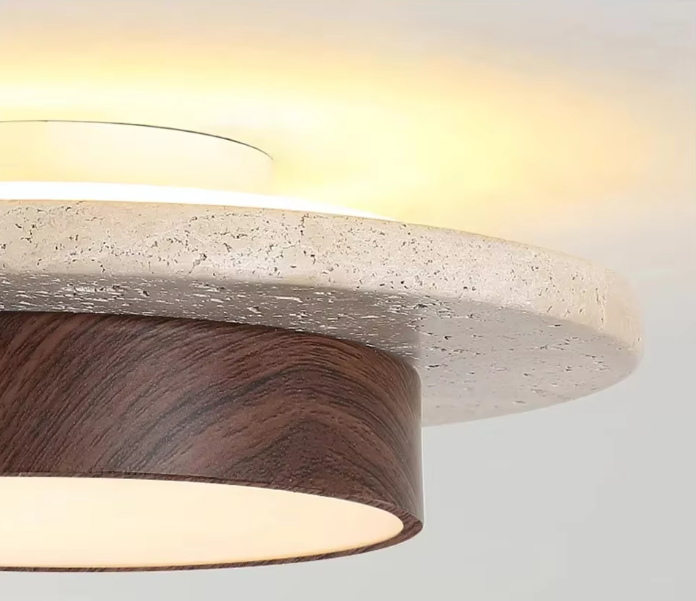 Plafon de Teto em Pedra Travertino e Madeira LED 28W Bivolt Wabi-Sabi 22cm para Sala e Corredor
