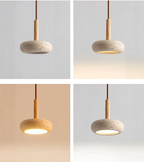 Pendente de Teto em Travertino Natural e Madeira 12W Bivolt Wabi-Sabi 15cm para Quarto e Sala de Jantar