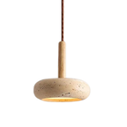 Pendente de Teto em Travertino Natural e Madeira 12W Bivolt Wabi-Sabi 15cm para Quarto e Sala de Jantar