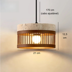 Pendente de Teto em Travertino Natural e Ripas de Madeira E27 Bivolt Estilo Oriental para Sala de Jantar e Quarto