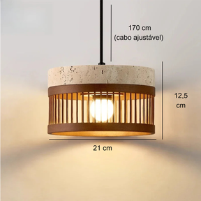 Pendente de Teto em Travertino Natural e Ripas de Madeira E27 Bivolt Estilo Oriental para Sala de Jantar e Quarto