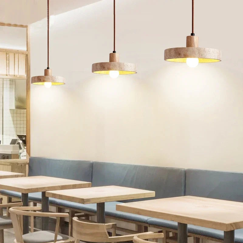 Pendente de Teto em Pedra Natural e Madeira E27 7W Bivolt Estilo Japonês para Sala de Jantar e Quarto