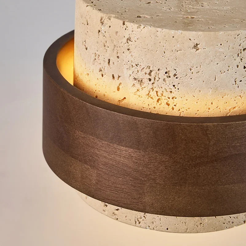 Pendente de Teto em Pedra Travertino e Madeira E27 Bivolt Estilo Japonês para Sala de Jantar e Quarto