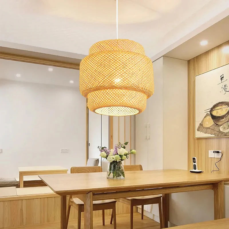 Pendente de Teto Artesanal em Bambu Natural E27 Bivolt 30cm para Sala de Jantar e Quarto