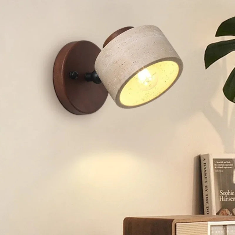 Arandela de Parede em Pedra Travertino e Madeira E27 Bivolt Wabi-Sabi com Inclinação Ajustável para Quarto e Sala
