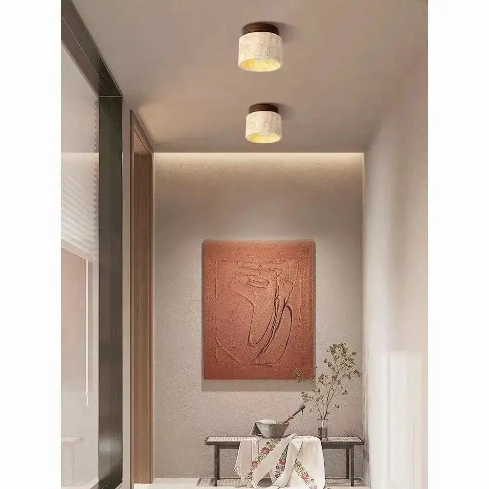 Plafon de Teto em Pedra Travertino e Madeira LED Integrado Bivolt Estilo Japonês para Sala e Quarto