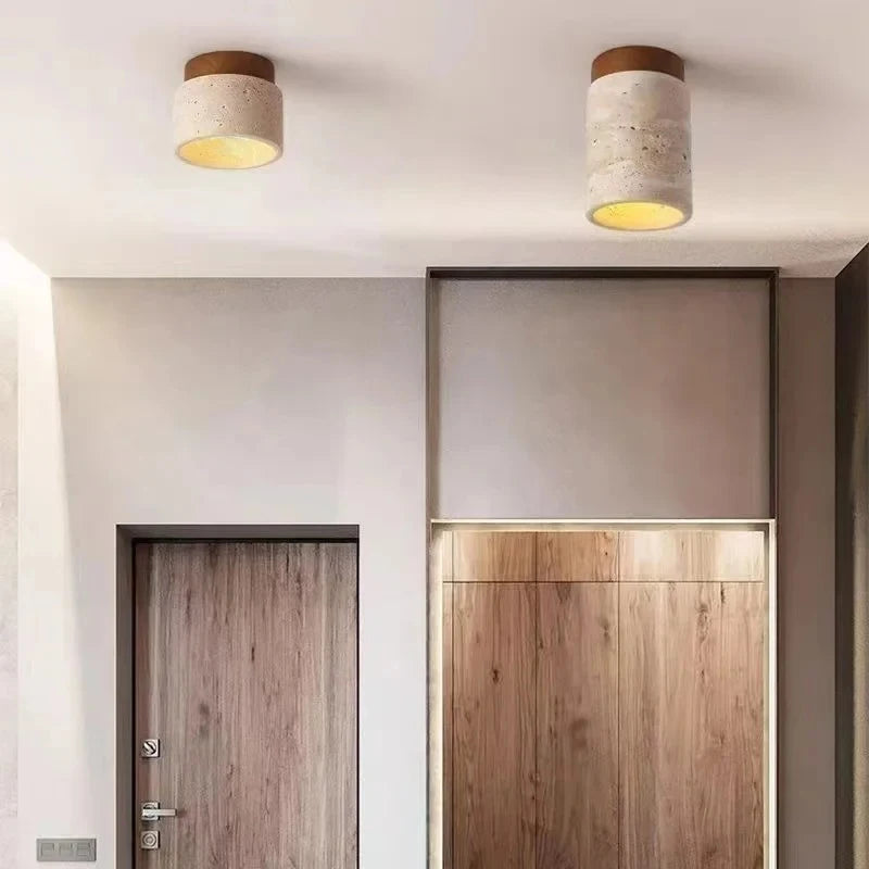 Plafon de Teto em Pedra Travertino e Madeira LED Integrado Bivolt Estilo Japonês para Sala e Quarto