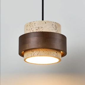 Pendente de Teto em Pedra Travertino e Madeira E27 Bivolt Estilo Japonês para Sala de Jantar e Quarto