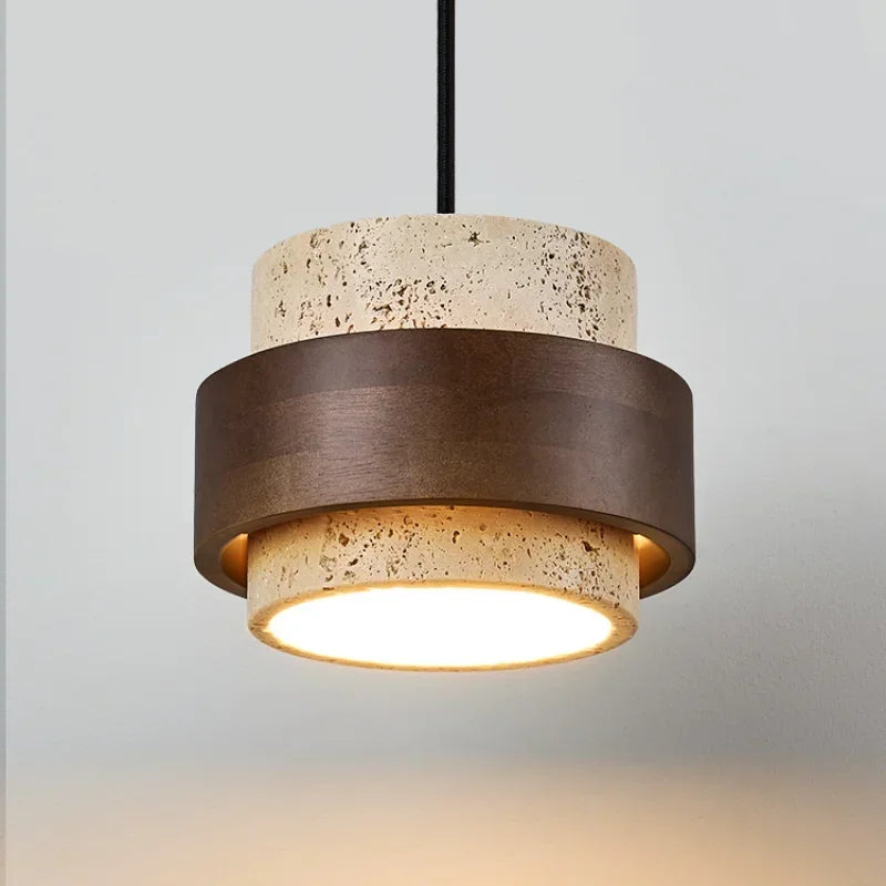 Pendente de Teto em Pedra Travertino e Madeira E27 Bivolt Estilo Japonês para Sala de Jantar e Quarto