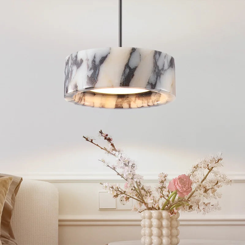 Pendente de Teto Circular em Pedra Mármore Natural LED 18W Bivolt para Quarto e Sala de Jantar