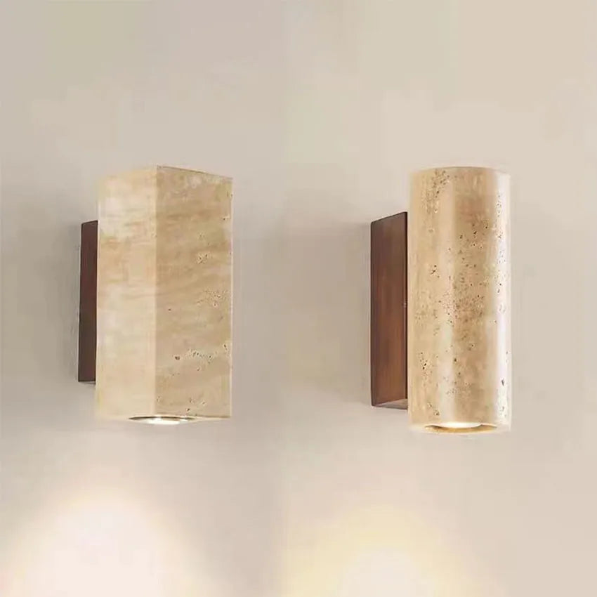 Arandela de Parede em Pedra Travertino e Madeira Bivolt Wabi-Sabi Bidirecional para Quarto e Sala