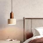 Pendente de Teto Cilíndrico em Pedra Travertino e Madeira E27 Bivolt Wabi-Sabi para Quarto e Sala de Jantar