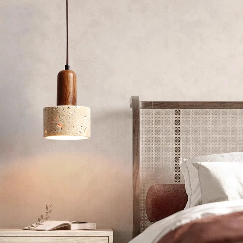 Pendente de Teto Cilíndrico em Pedra Travertino e Madeira E27 Bivolt Wabi-Sabi para Quarto e Sala de Jantar