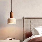 Pendente de Teto Cilíndrico em Pedra Travertino e Madeira E27 Bivolt Wabi-Sabi para Quarto e Sala de Jantar