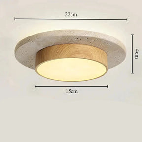 Plafon de Teto em Pedra Travertino e Madeira LED 28W Bivolt Wabi-Sabi 22cm para Sala e Corredor