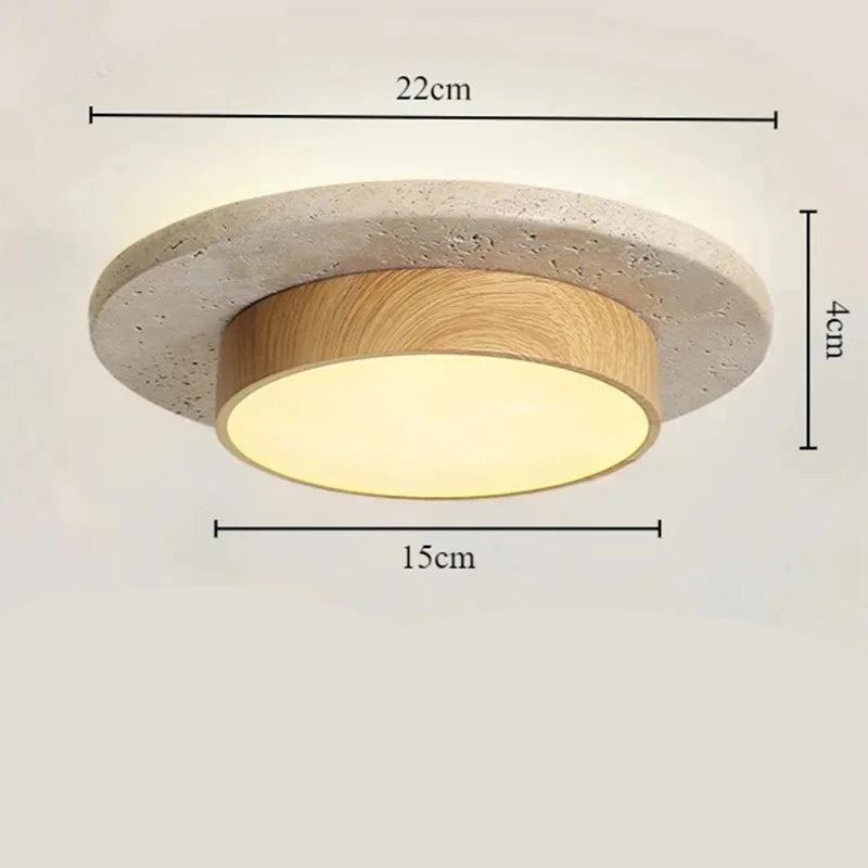 Plafon de Teto em Pedra Travertino e Madeira LED 28W Bivolt Wabi-Sabi 22cm para Sala e Corredor
