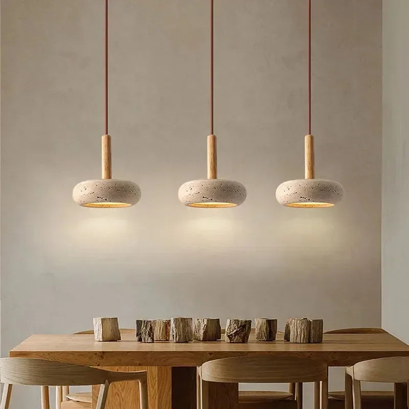 Pendente de Teto em Travertino Natural e Madeira 12W Bivolt Wabi-Sabi 15cm para Quarto e Sala de Jantar