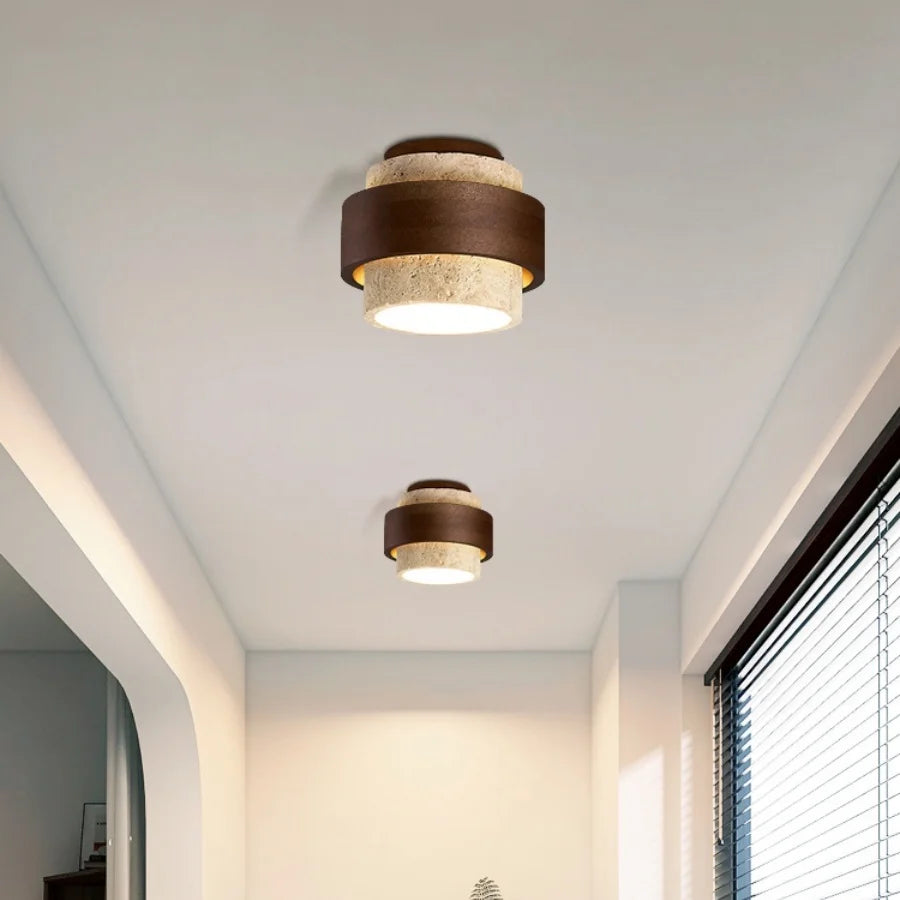 Plafon de Teto em Travertino Natural e Madeira E27 Bivolt Arquitetônico para Sala e Quarto