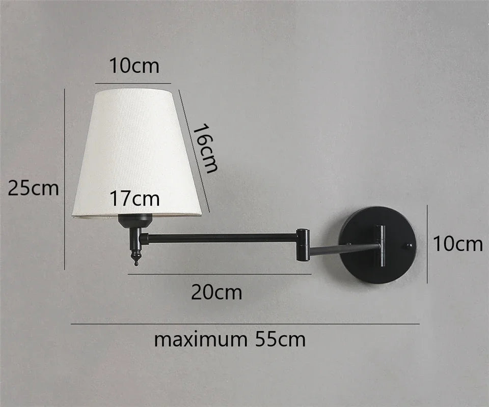 Arandela de Parede Articulada em Metal com Cúpula de Tecido E27 Bivolt Dobrável e Rotativa para Quarto e Escritório