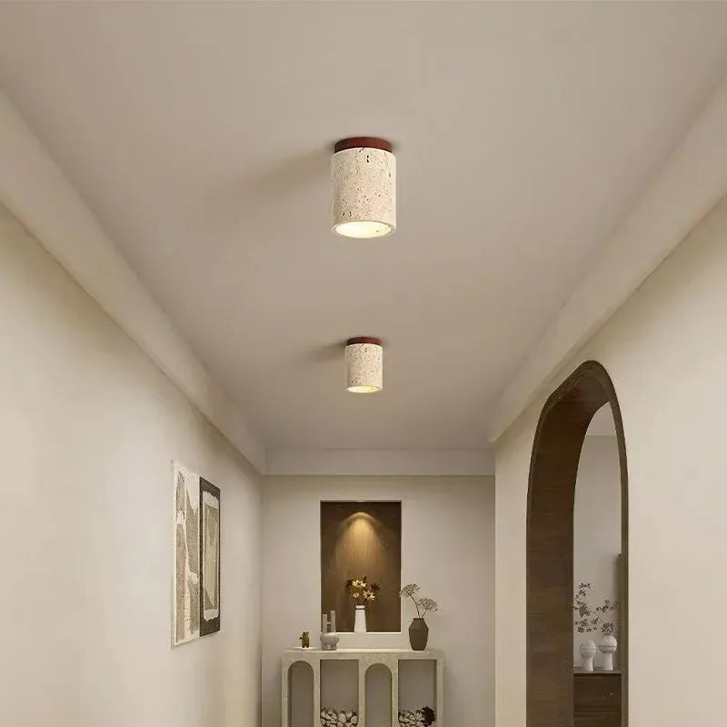Plafon de Teto em Pedra Travertino e Madeira LED Integrado Bivolt Estilo Japonês para Sala e Quarto