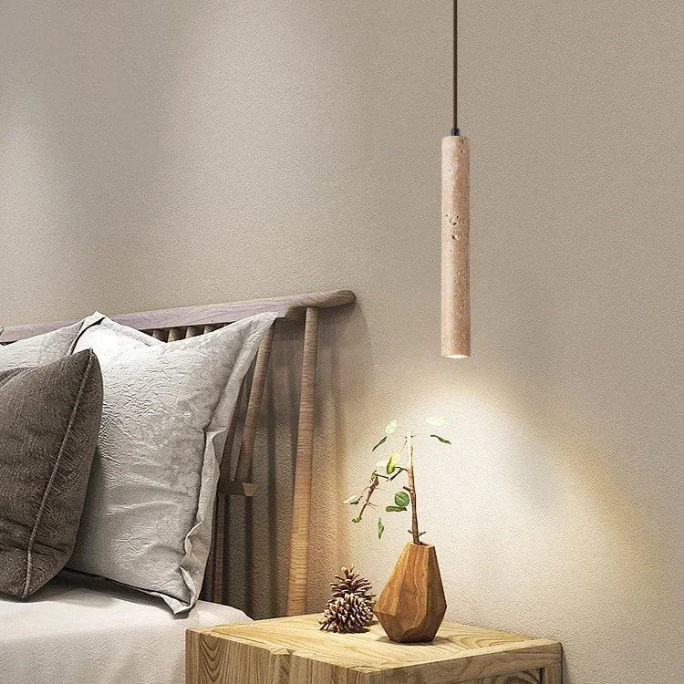 Pendente de Teto Tubular Slim em Pedra Travertino Natural G4 5W Bivolt Estilo Japonês para Quarto e Sala de Jantar