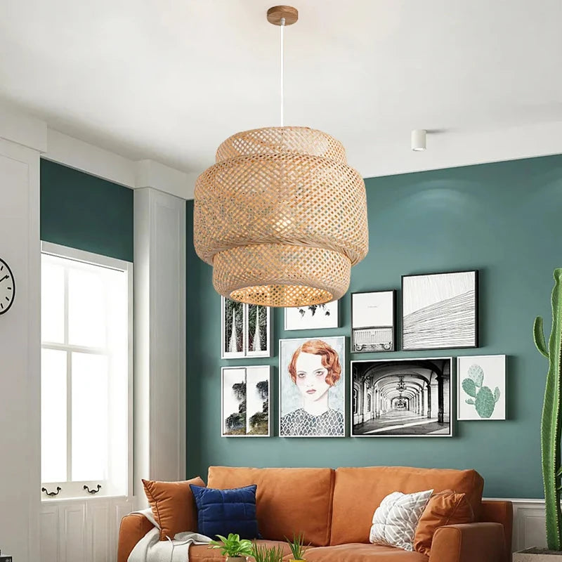 Pendente de Teto Artesanal em Bambu Natural E27 Bivolt 30cm para Sala de Jantar e Quarto