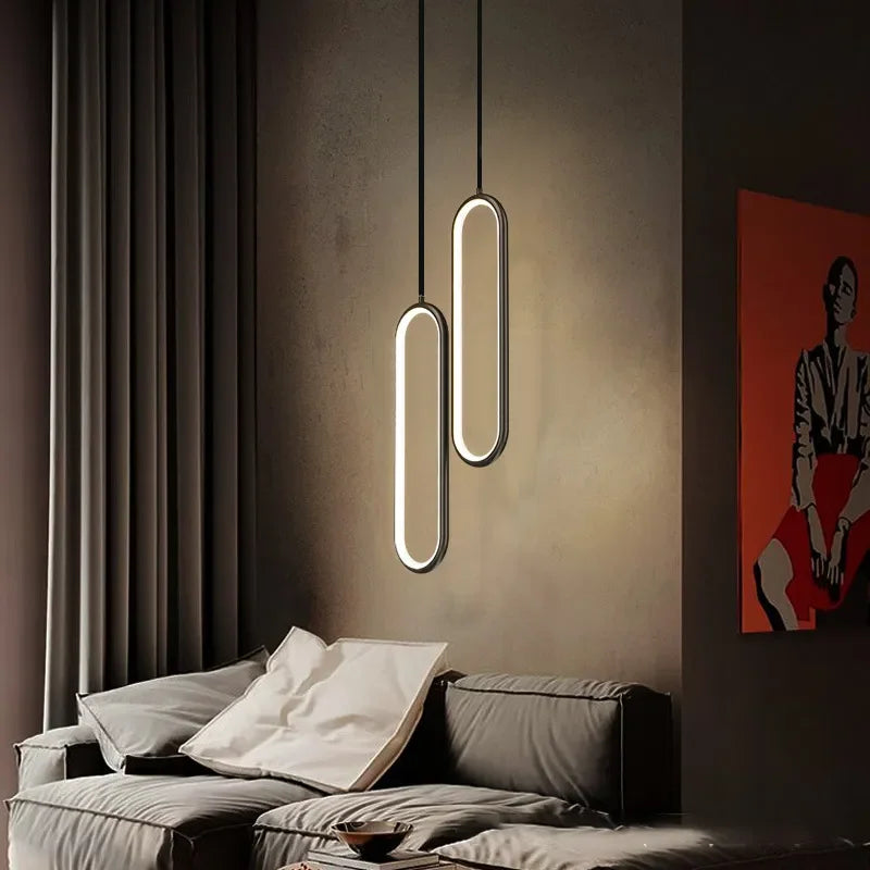 Pendente de Teto Oval em Ferro LED Integrado 16W–36W Bivolt Minimalista para Quarto e Sala de Jantar