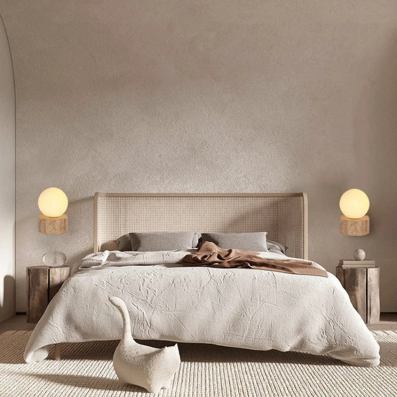 Arandela de Parede em Pedra Travertino e Vidro Fosco G9 Bivolt Wabi-Sabi Bidirecional para Sala e Quarto