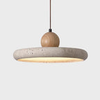 Pendente de Teto em Pedra Travertino Natural e Madeira LED Luz Quente Bivolt para Sala de Jantar e Quarto