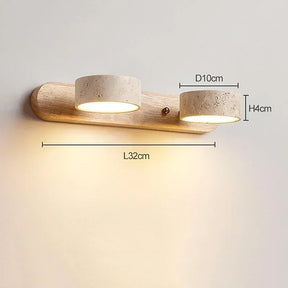 Arandela de Parede em Pedra Travertino e Madeira LED Luz Quente Bivolt Wabi-Sabi Rotativa para Banheiro e Quarto