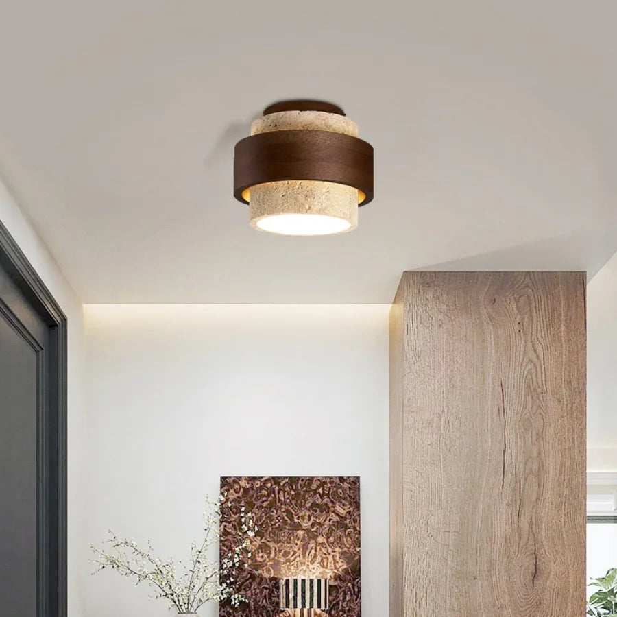 Plafon de Teto em Travertino Natural e Madeira E27 Bivolt Arquitetônico para Sala e Quarto
