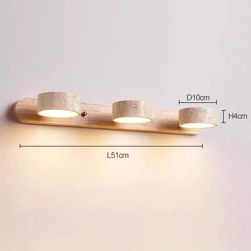 Arandela de Parede em Pedra Travertino e Madeira LED Luz Quente Bivolt Wabi-Sabi Rotativa para Banheiro e Quarto