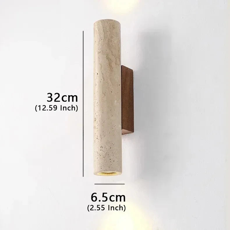 Arandela de Parede Tubular em Pedra Travertino e Madeira G9 Bivolt Wabi-Sabi Bidirecional para Quarto e Sala