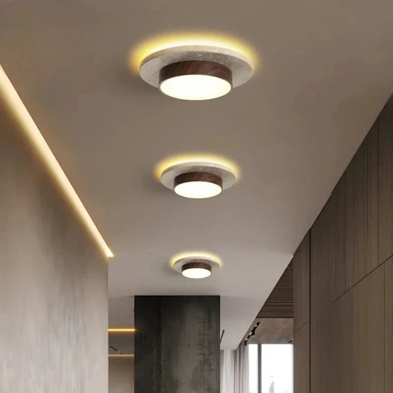 Plafon de Teto em Pedra Travertino e Madeira LED 28W Bivolt Wabi-Sabi 22cm para Sala e Corredor