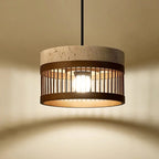 Pendente de Teto em Travertino Natural e Ripas de Madeira E27 Bivolt Estilo Oriental para Sala de Jantar e Quarto