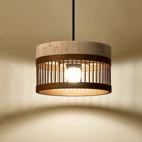 Pendente de Teto em Travertino Natural e Ripas de Madeira E27 Bivolt Estilo Oriental para Sala de Jantar e Quarto