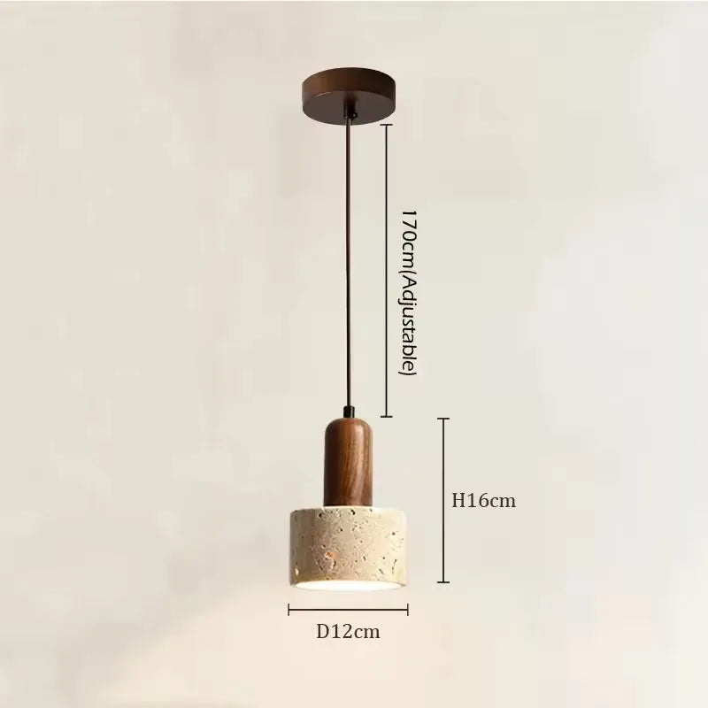 Pendente de Teto Cilíndrico em Pedra Travertino e Madeira E27 Bivolt Wabi-Sabi para Quarto e Sala de Jantar