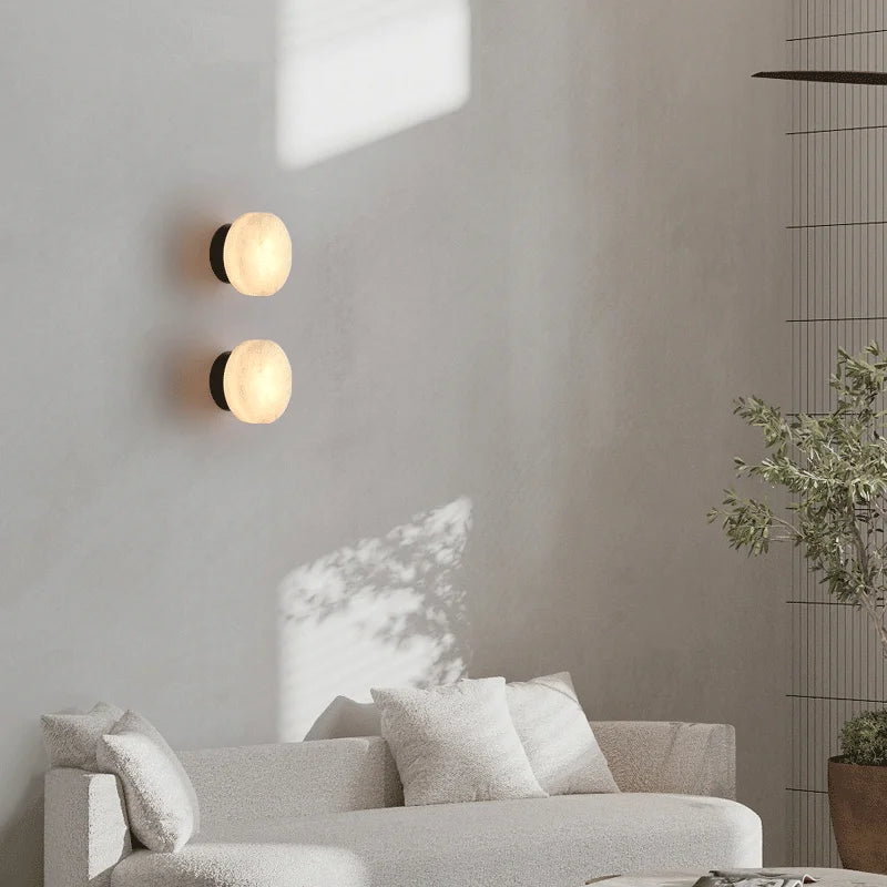 Arandela de Parede Circular em Mármore Natural e Cobre LED Bivolt Nórdica para Quarto e Sala