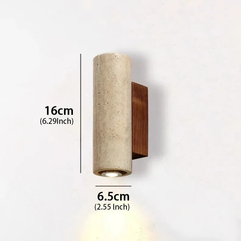 Arandela de Parede Tubular em Pedra Travertino e Madeira G9 Bivolt Wabi-Sabi Bidirecional para Quarto e Sala
