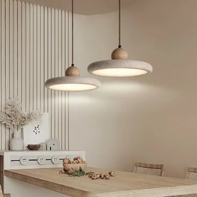 Pendente de Teto em Pedra Travertino Natural e Madeira LED Luz Quente Bivolt para Sala de Jantar e Quarto