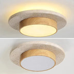 Plafon de Teto em Pedra Travertino e Madeira LED 28W Bivolt Wabi-Sabi 22cm para Sala e Corredor