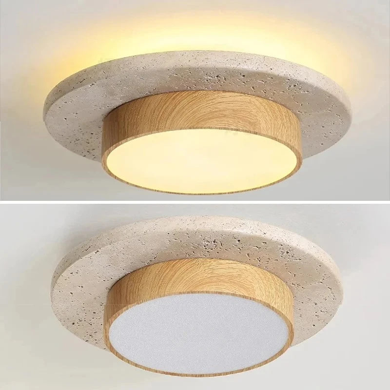 Plafon de Teto em Pedra Travertino e Madeira LED 28W Bivolt Wabi-Sabi 22cm para Sala e Corredor